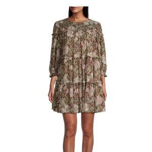 ✅Ted Baker Tiered Green and Pink Mini Dress with Scoop Neck